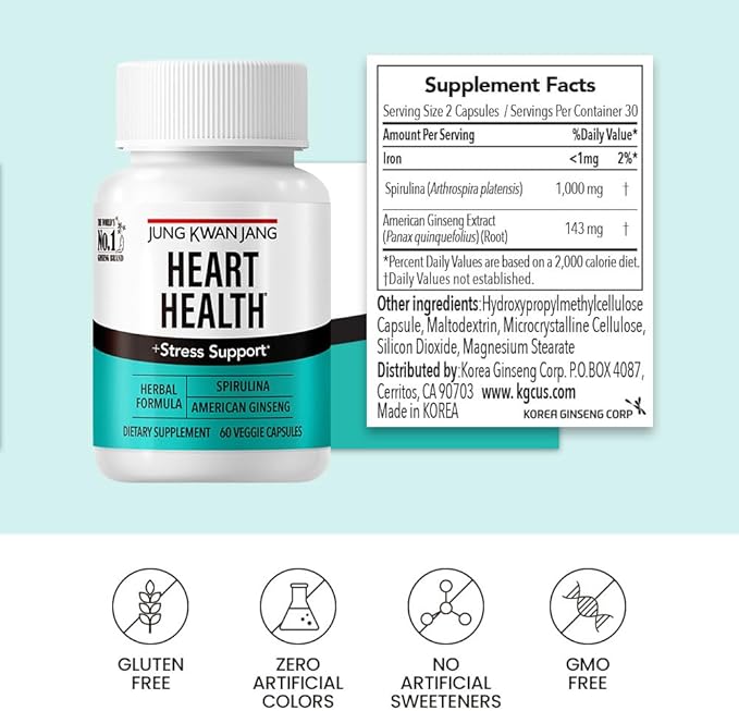 JungKwanJang Heart Health with Spirulina (1,000mg) and American Ginseng (143mg) - Supports Immune System, Heart, Energy, 60 Herbal Capsules for Men and Women