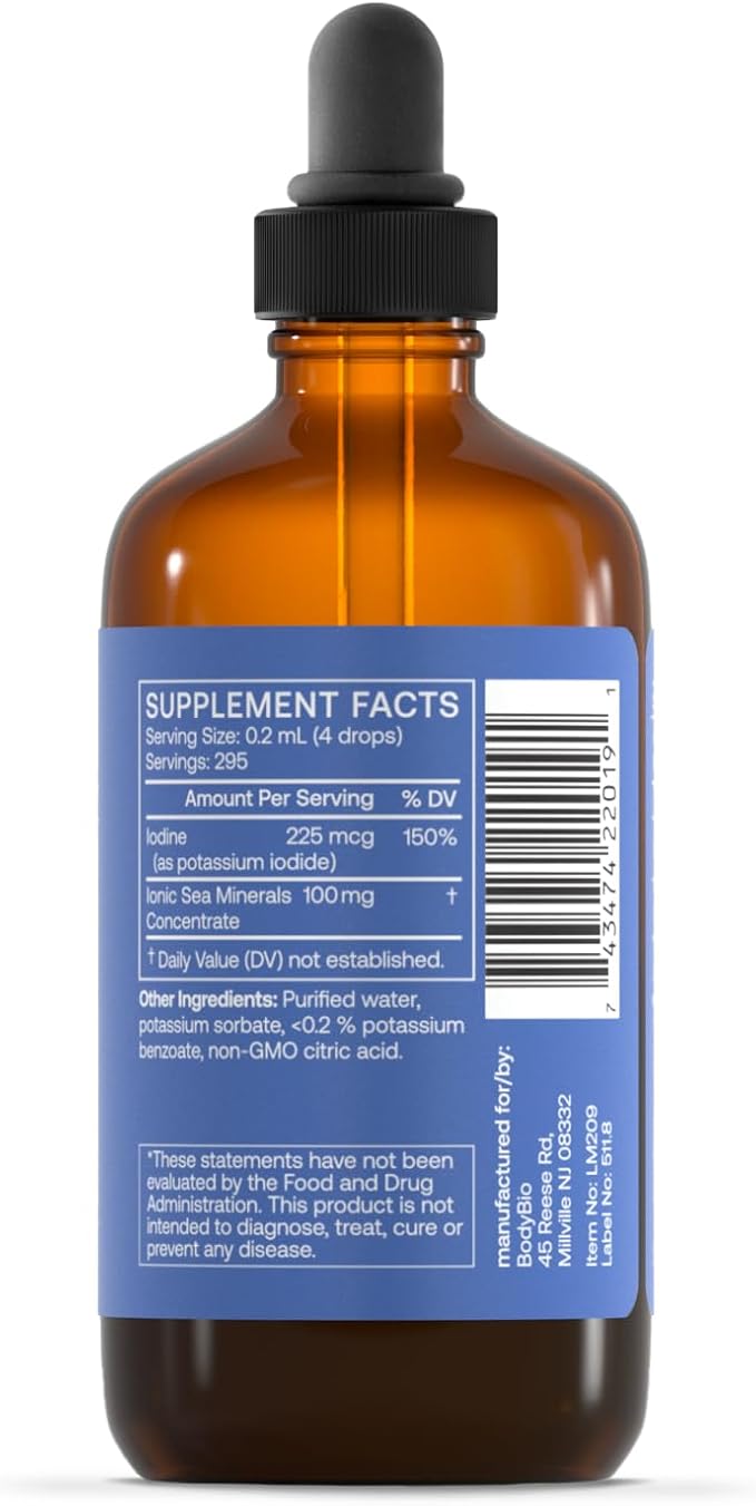 BodyBio - Liquid Iodine for Thyroid Health - High Absorption, Pure, Concentrated Iodine Supplement - 2oz