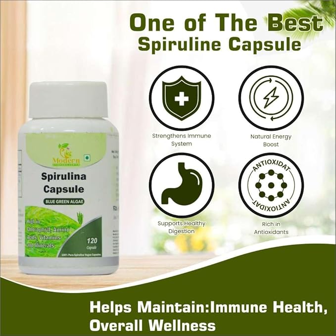 Spirulina Capsules 120 Veggie Capsule Blue Green Algae Supplement 450mg with Piperine for Enhanced Absorption Rich in Chlorophyll, Amino Acids, Vitamins & Minerals