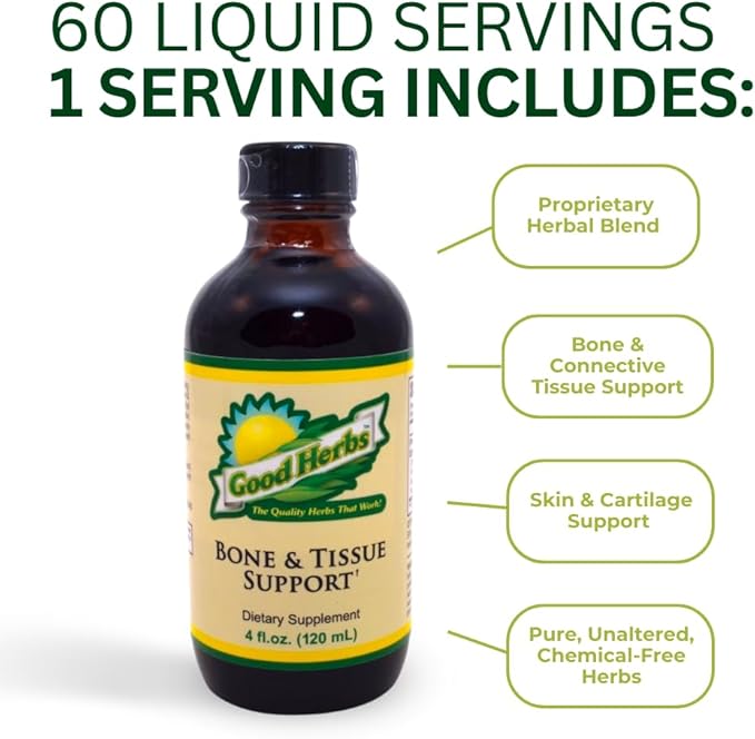 Youngevity Bone and Tissue Support - Organic & Wild Crafted Herbs - White Oak Bark, Skullcap, Oatstraw, Hydrangea, Marshmallow, Mullein, Wormwood, Lobelia - Good Herbs - (4 Fl Oz)