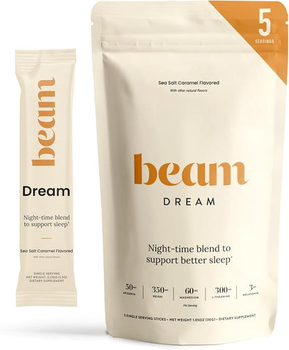 Beam Dream Sleep Powder, Sleep Aid, Sleep Aids for Adults, Contains Magnesium, Melatonin, L Theanine, Apigenin, Natural Sleep Supplement, Vegan, Non GMO, 3rd Party Tested, 5 Servings, Sea Salt Caramel