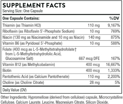 THORNE Basic B-Complex - Tissue-Ready Vitamin B Complex Supplement with Choline - Supports Cellular Energy Production, Brain Health & Red Blood Cell Formation* - Gluten-Free, Dairy-Free - 60 Capsules
