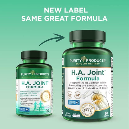 Purity Products HA Joint Formula Hyaluronic Acid + Key CoFactors - Joint + Skin Multi Collagen (Type I, II & III) - 5-Loxin - Olive Fruit Extract - Joint Flexibility + Mobility - 90 Capsules (3)