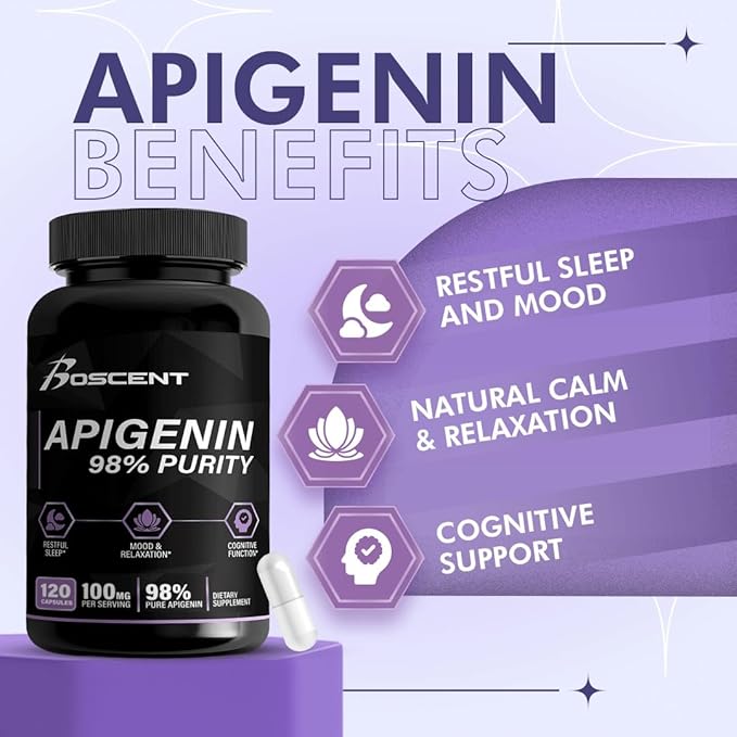 Apigenin Supplement 100mg from Chamomile Extract 120 Count - 98% purity- Apigenin Supplement for Sleep, Mood, Cognition, Prostate health - Excellent sleep aid, Non-GMO, No Fillers - 4-Month Supply