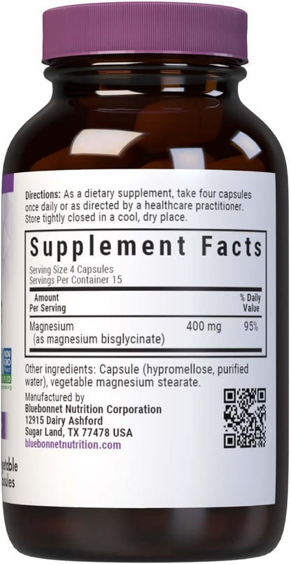 Bluebonnet Magnesium Glycinate, Energy Production*, Enzyme Function*, Non-GMO Certified by NSF, Vegan, Kosher Certified, Gluten-Free, Soy-Free, Dairy-Free, 60 Vegetable Capsules, 15 Servings