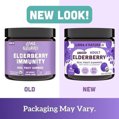 Llama Naturals Elderberry Gummies for Adults, Vegan, Organic Immune Support Supplement with Vitamin C and Zinc, Real Fruit Gummy Vitamins for Immunity, Chewable, No Added Sugar Cane, 90 Ct