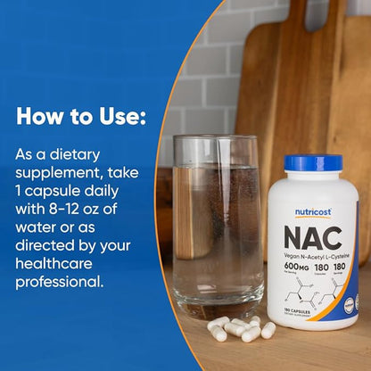 Nutricost N-Acetyl L-Cysteine (NAC) 600mg, 180 Capsules - Non-GMO, Gluten Free