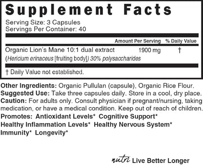 Nature's Fusions Nutri Organic Lions Mane Supplement Capsules - 1900 mg, 10:1 Dual Extraction, 120 Count - Mushroom Extract (Fruiting Body) - Third Party Tested