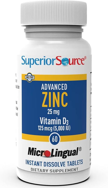 Superior Source Advanced Zinc 25 mg - Includes Vitamin D3 5,000 IU - Premium Immune Support Supplement for Men & Women - Non-GMO & Gluten-Free - 60 MicroLingual Dissolvable Tablets