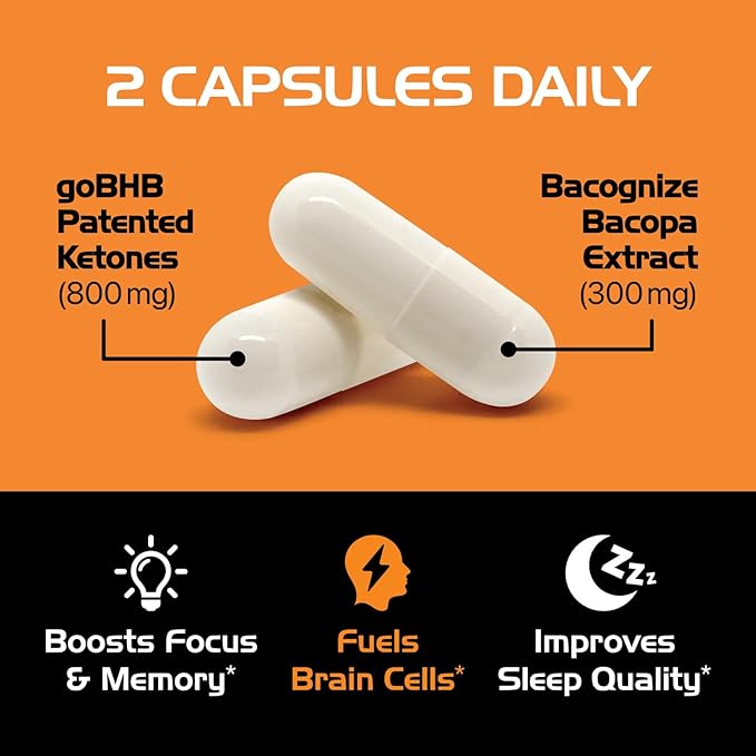 Brain Booster Supplement for Focus - Clinically Validated Nootropics Brain Support Supplement with Bacopa Monnieri Extract & Patented goBHB for Cognitive Support - 3rd Party Tested (30 Servings)