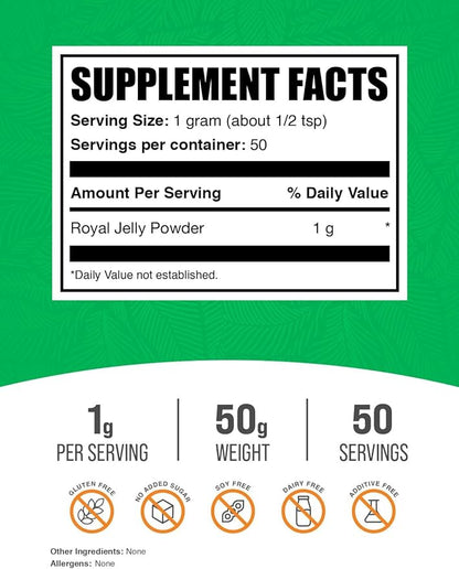 BulkSupplements.com Royal Jelly Powder - Royal Jelly Supplement, Royal Jelly 1000mg - for Immune Support, Gluten Free, 1000mg per Serving, 50g (1.8 oz) (Pack of 1)