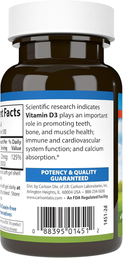 Carlson - Vitamin D3, 1000 IU (25 mcg), Bone Health, Muscle Health, Cholecalciferol, Vitamin D Supplements, Vitamin D3 Soft Gels, 100 Softgels