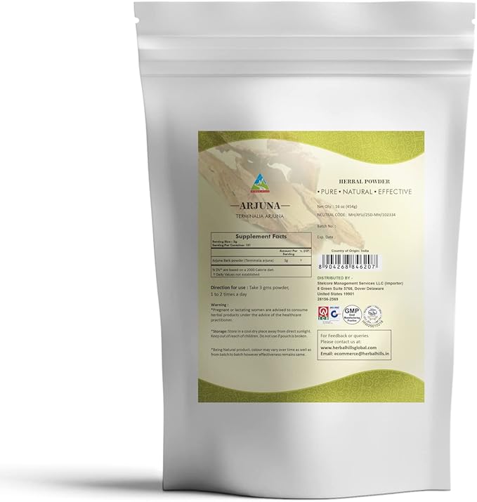 HERBAL HILLS Arjuna Bark Powder (Terminalia Arjuna) | 16 Oz (454 GMS) | Standardized Extract Wellness and Health Supplements