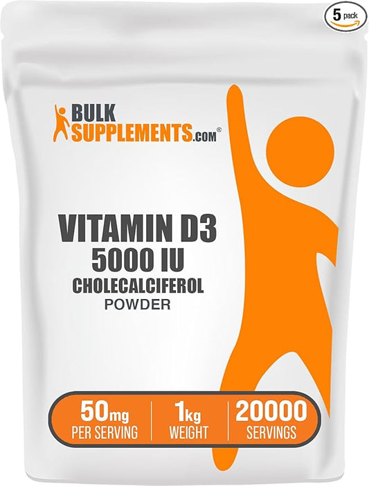BulkSupplements.com Vitamin D3 Powder - Cholecalciferol, Vitamin D Supplements, Vitamin D3 5000 IU - Gluten Free, 50mg (125mcg of Vitamin D3) per Serving, 5kg (11 lbs) (Pack of 5)