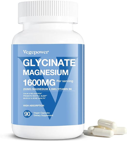 Magnesium Glycinate 1600mg Supplements - with Vitamin B6 & Zinc, Vitamin D3, Chelated Magnesium for Sleep, Muscle, Bone and Immune Health, High Absorption Magnesio, Non-GMO, Vegan 90 Capsules