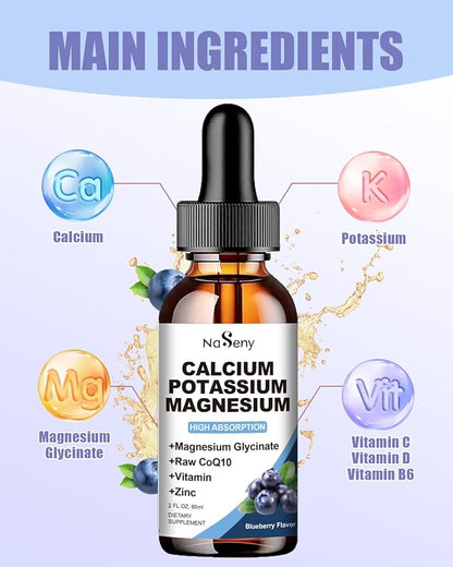 Calcium Potassium Magnesium Drops with Vitamin C,D,B6,400 mgMagnesium Drops for Overall Wellness-600mg Calcium, 1000mg Potassium(60ml)