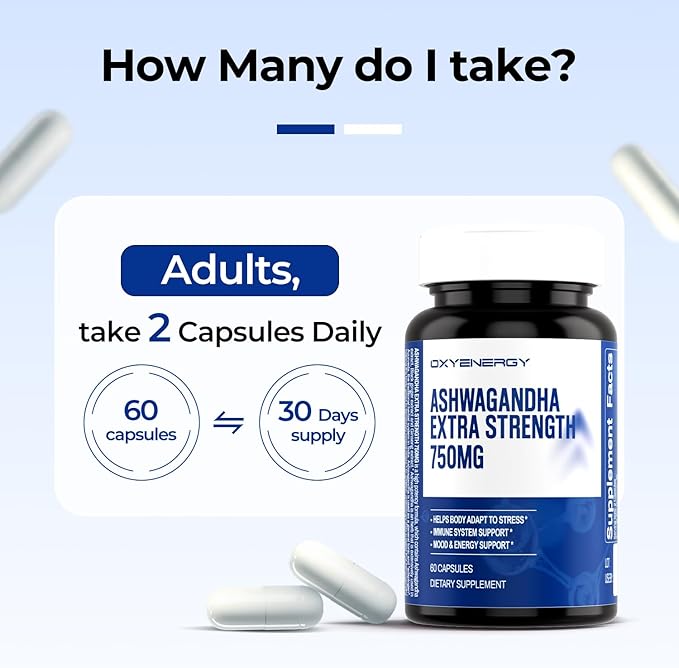 OxyEnergy Ashwagandha Extra Strength-750mg-Stress Relief- Immune & Energy Support - Gluten, Dairy & Soy Free - 60 Capsules