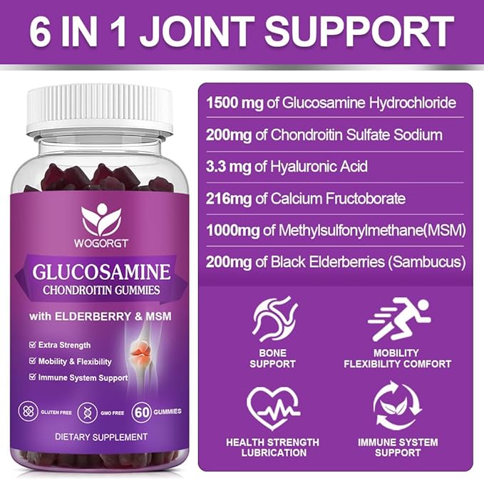 Glucosamine Chondroitin Gummies with MSM & Elderberry - 1500mg Glucosamine Chondroitin Gummies Supplement for Flexibility and Immune Support for Men & Women, 60 Gummies (2 Pack)
