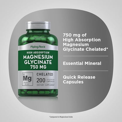 Piping Rock Magnesium Glycinate | 750mg | 200 Capsules | High Absorption | Chelated | Non-GMO and Gluten Free Supplement