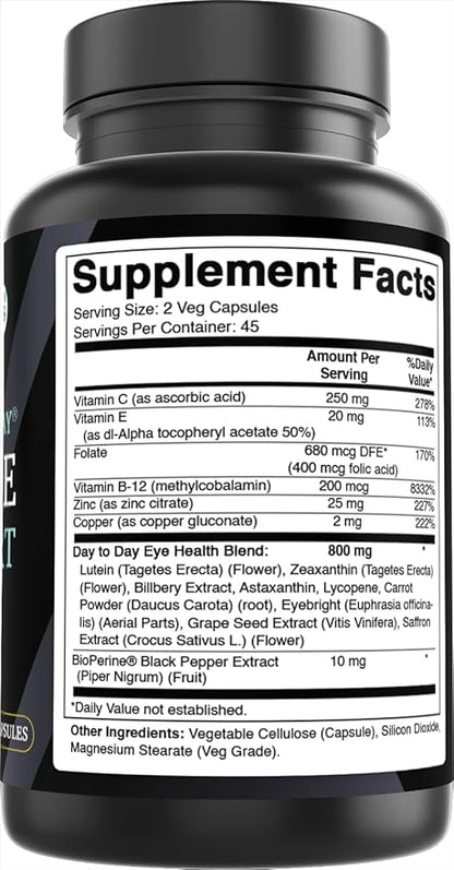 Best Naturals Day-to-Day Eye Support with Lutein, Zeaxanthin, Bilberry Extract, Astaxanthin, Lycopene, Carrot Powder 90 Veg Capsules