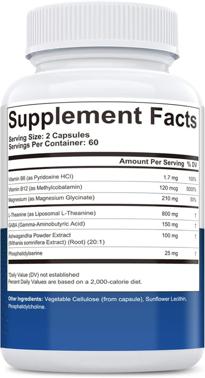 Liposomal L-Theanine 800mg with GABA, Magnesium, Ashwagandha, Phosphatidylserine, Vitamin B6 & B12 - Calm, Sleep, Relaxation & Mood Support for Women & Men, Vegan - 120 Capsules