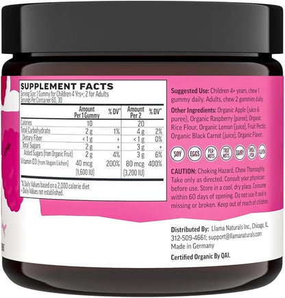 Llama Naturals Vitamin D3, Vegan, Organic Immune Support Supplement, Vitamin D Gummies for Adults and Kids, Real Fruit Gummy Vitamins, Promotes Bone Health, No Added Sugar Cane, Raspberry, 60 Ct