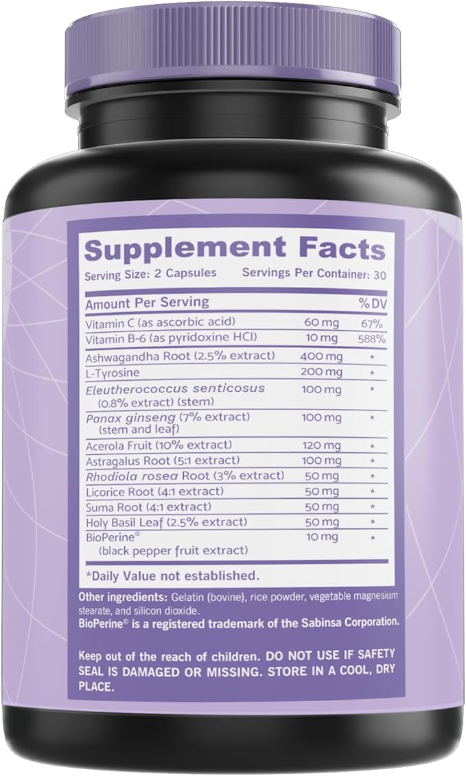 Adrenal Support & Cortisol Manager Supplement │Ultra High Purity Adaptogens, Ashwagandha Extract, Rhodiola Rosea Capsules for Natural Energy, Fatigue, Mood Boost Non GMO