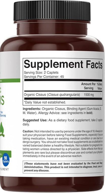 Brieofood Organic Cissus Quadrangularis 1500mg, 45 Servings, Vegetarian, Gluten Free, 90 Vegetarian Tablets
