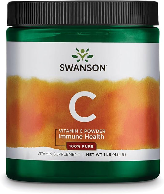 Swanson Vitamin C Powder 100% Pure Ascorbic Acid, Immune System Support, Skin Health, Cardiovascular Health, Antioxidant Supplement 1000 mg (per Serving) 1 lb. 454 g