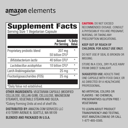 Amazon Elements One Daily Adult Probiotic Blend, Supports Healthy Colon and Immune Function, 50 Billion CFU (2 Strains), 30 Capsules, 1 Month Supply (Packaging May Vary) (Pack of 2)