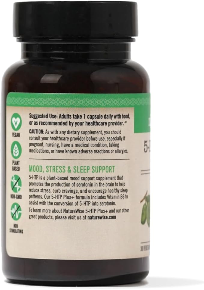 NatureWise 5-HTP 200mg Supplement from Griffonia Seeds with Cofactor Vitamin B6 - Mood Support and Natural Sleep Aid for Adults - Delayed-Release, Vegan - 30 Count[1-Month Supply]
