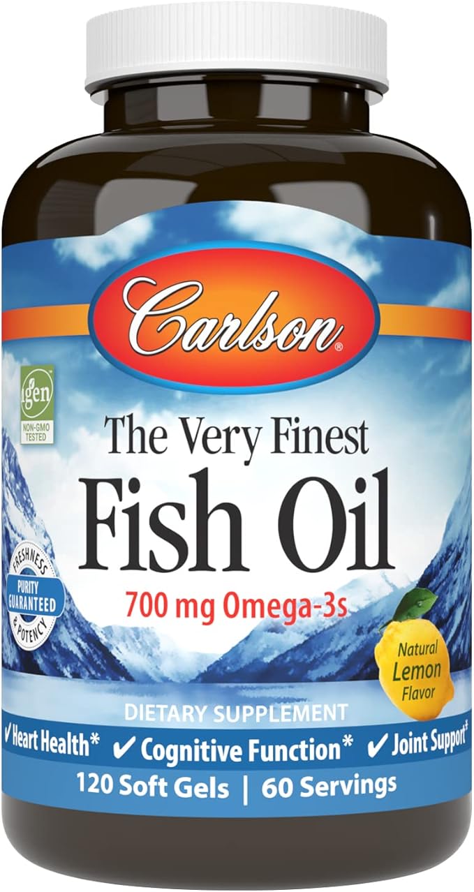 Carlson - The Very Finest Fish Oil, 700 mg Omega-3s, Norwegian Fish Oil Supplement, Wild Caught Omega 3 Fish Oil, Sustainably Sourced Fish Oil Capsules, Omega 3 Supplement, Lemon, 120 Softgels