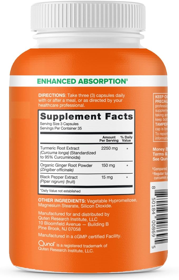 Qunol Turmeric Curcumin with Black Pepper & Ginger, 2400mg Turmeric Extract with 95% Curcuminoids, Extra Strength Supplement, Enhanced Absorption, Joint Support Supplement, 105 Count