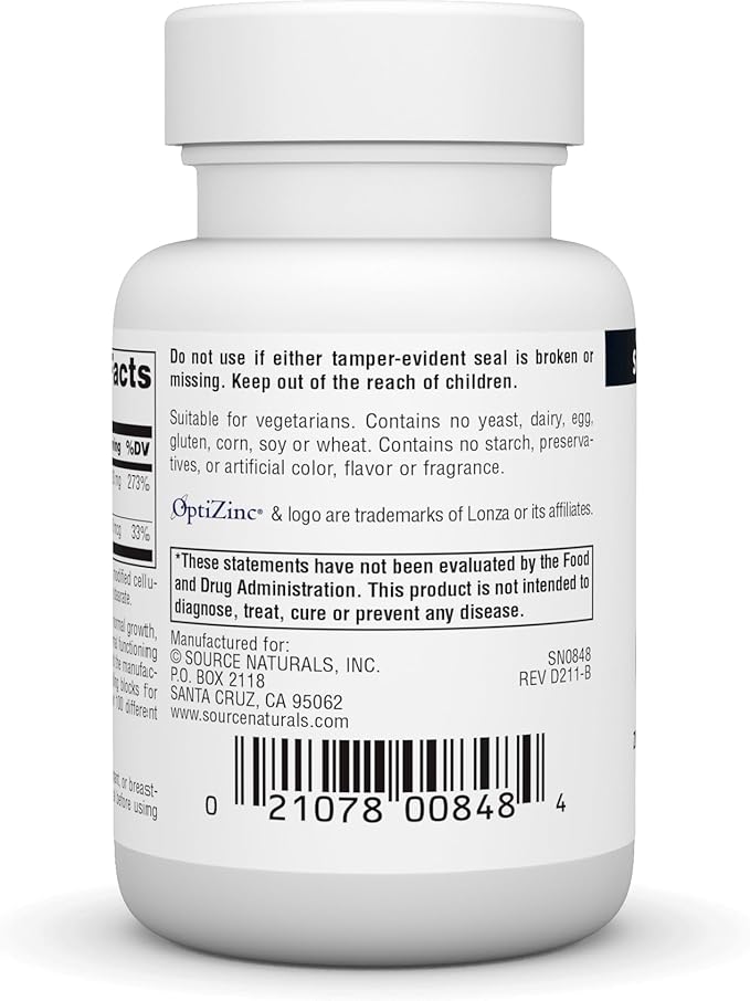Source Naturals OptiZinc Zinc Methionine Sulfate Complex & Dietary Supplement* - 120 Tablets