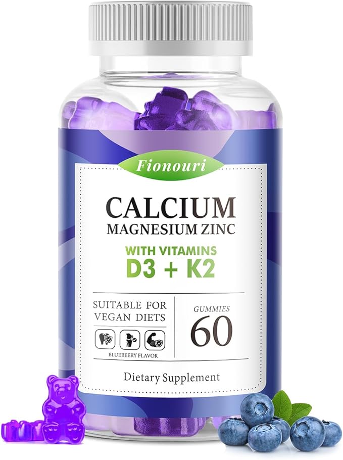 Calcium Magnesium Zinc Gummies with Vitamin D3 & K2 - High Potency Enhanced Absorption -60 Blueberry Gummies Flavored