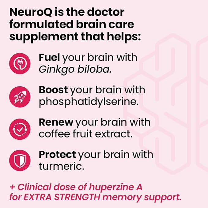 NeuroQ Memory & Focus Extra Strength - Boosts Cognitive Performance & Brain Function - Supports Neuroprotection & Concentration - Huperzine A, Gotu Kola, Ginkgo, Coffee Fruit & Propolis - 60 Capsules
