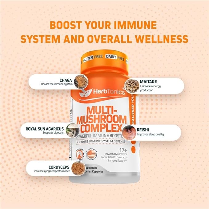 Herbtonics All-in-One Mushroom Supplement for Immune System Support | Nootropic Brain Support Supplement with Lion's Mane, Cordyceps, Reishi | Powerful Mushroom Complex | 120 Vegan Capsules