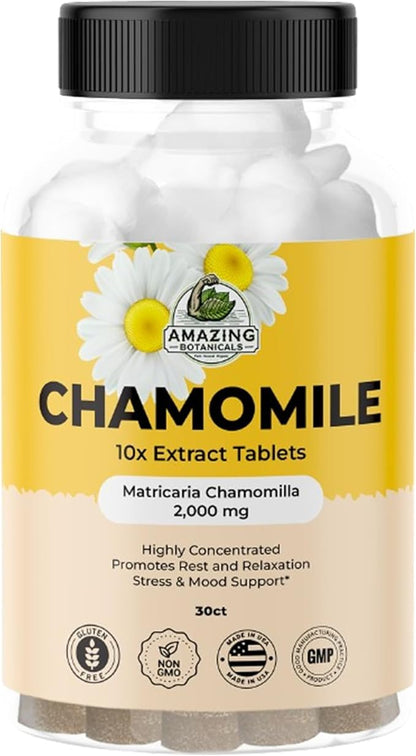 Organic Chamomile Extract Tablets - Matricaria Chamomilla Plant-Based Supplement - 10x Extract 2000 MG Each - Promotes Relaxation - 30 Tablets