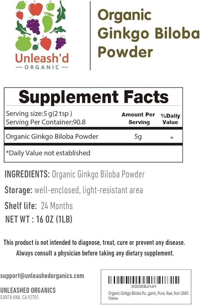 UNLEASH'D ORGANIC Organic Ginkgo Biloba Powder 16 oz Supports Brain Function and Mental Alertness Vegan Friendly Raw and Non-GMO