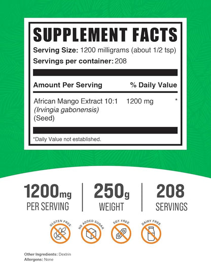 BulkSupplements.com African Mango Extract Powder - Irvingia Gabonensis, African Mango Powder - Gluten Free, 1.2g per Serving, 250g (8.8 oz) (Pack of 1)