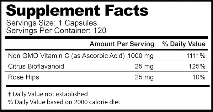 Vitamin C 1000 mg Daily Immune Support with Rose HIPS & Citrus Bioflavonoids Healthy Skin & Joints Buffered Non-GMO Non Acidic, 120 Capsules