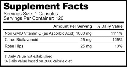 Vitamin C 1000 mg Daily Immune Support with Rose HIPS & Citrus Bioflavonoids Healthy Skin & Joints Buffered Non-GMO Non Acidic, 120 Capsules