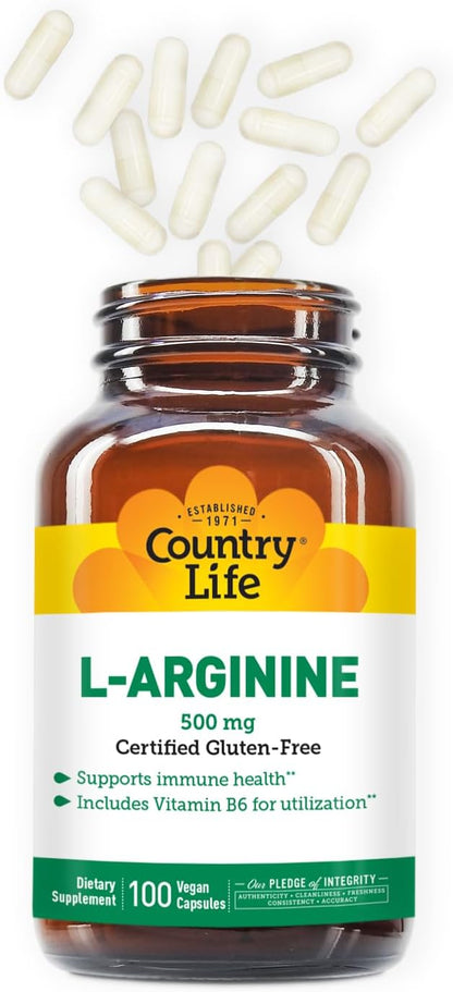 Country Life L-Arginine Caps with Vitamin B-6, 500mg, 100 Vegan Capsules, Certified Gluten Free, Certified Vegan