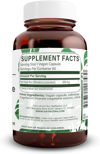 Natural Nutra Red Yeast Rice Extract, Cardiovascular Support, Helps Enhance Immunity, Improve Digestion, Improve Body Fluid Flow, Improve Heart Health, Gluten Free Supplements, 600 mg 60 Capsules