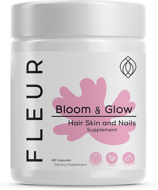 FLEUR Bloom & Glow Hair Skin and Nails Gummies, Hair Growth Supplement with Biotin & Inositol, Antioxidant Rich Vitamin A, C & E Gummies for Skin and Nail Repair, Sugar-Free, 60 Vegan Gummies