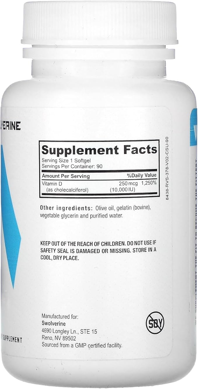 Swolverine Vitamin D3 | Healthy Muscle Function, Bone Health, Immune Support, Mood Support, 10000 IU Encapsulated in Olive Oil for Optimal Absorption (90 Soft Gels)