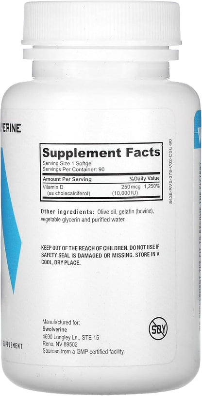 Swolverine Vitamin D3 | Healthy Muscle Function, Bone Health, Immune Support, Mood Support, 10000 IU Encapsulated in Olive Oil for Optimal Absorption (90 Soft Gels)