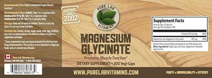 Magnesium Glycinate 165mg/caps (3 caps/Day for 500mg) - 300 caps - Magnesium Supplement from Canada - Magnesium Pills Supplement - Magnesio Glycinate Capsule Made in Canada