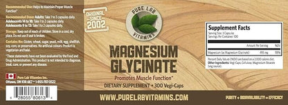 Magnesium Glycinate 165mg/caps (3 caps/Day for 500mg) - 300 caps - Magnesium Supplement from Canada - Magnesium Pills Supplement - Magnesio Glycinate Capsule Made in Canada