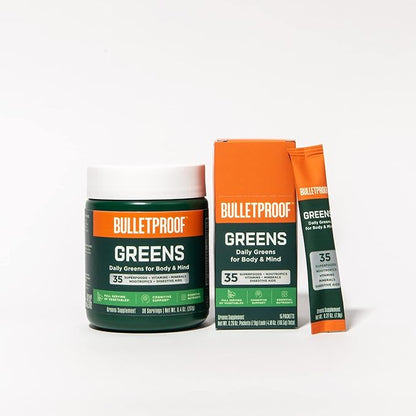 Bulletproof Greens, 8.4 Ounces, Daily Greens Powder for Daily Wellness, 35 Superfoods, and 15 Count Greens Packets Bundle